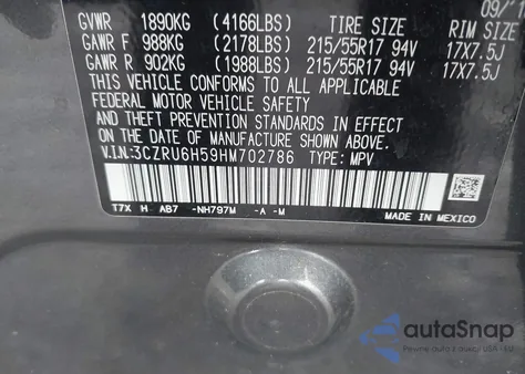 2017 Honda Hr-V Ex from USA, damaged, VIN 3CZRU6H59HM702786